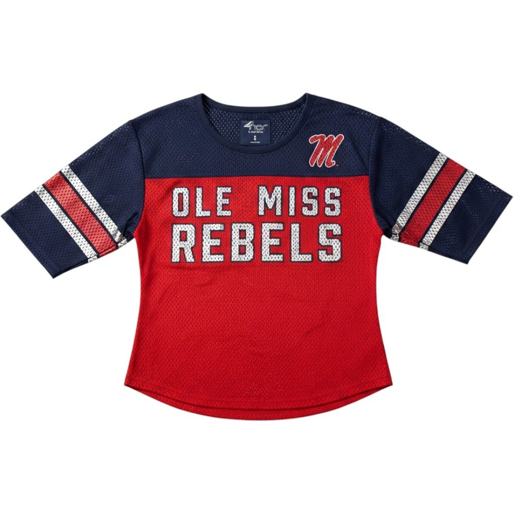 G-III 4Her Carl Banks Ole Miss Rebels Sequin Mesh Jersey Top Navy Red Small